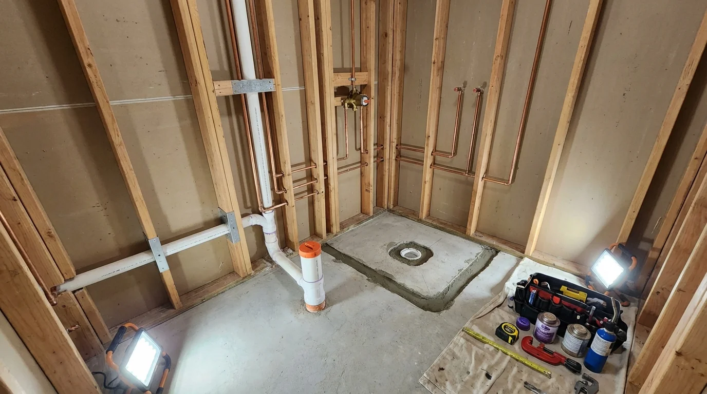 Bathroom rough-in plumbing during remodel by Johns Plumbing LLC in Leipsic
