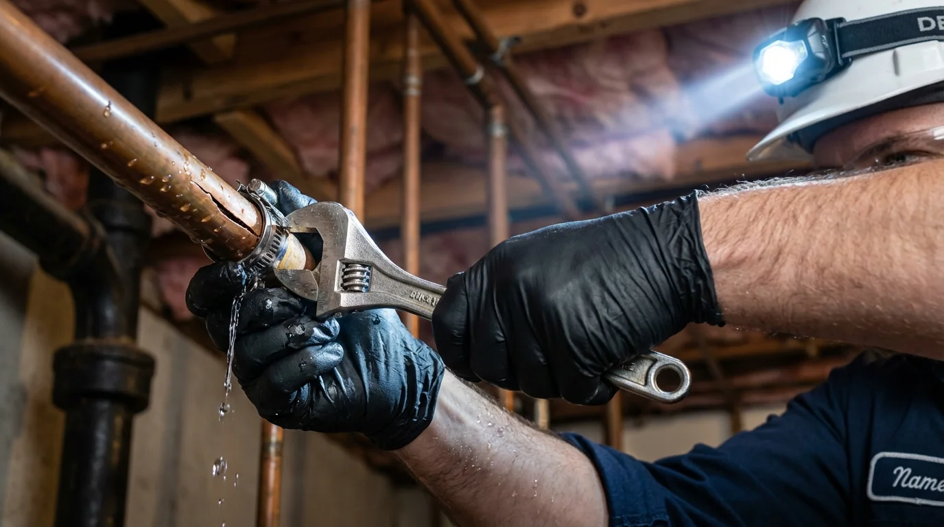 Emergency pipe clamp repair being performed by a Johns Plumbing LLC plumber in Leipsic