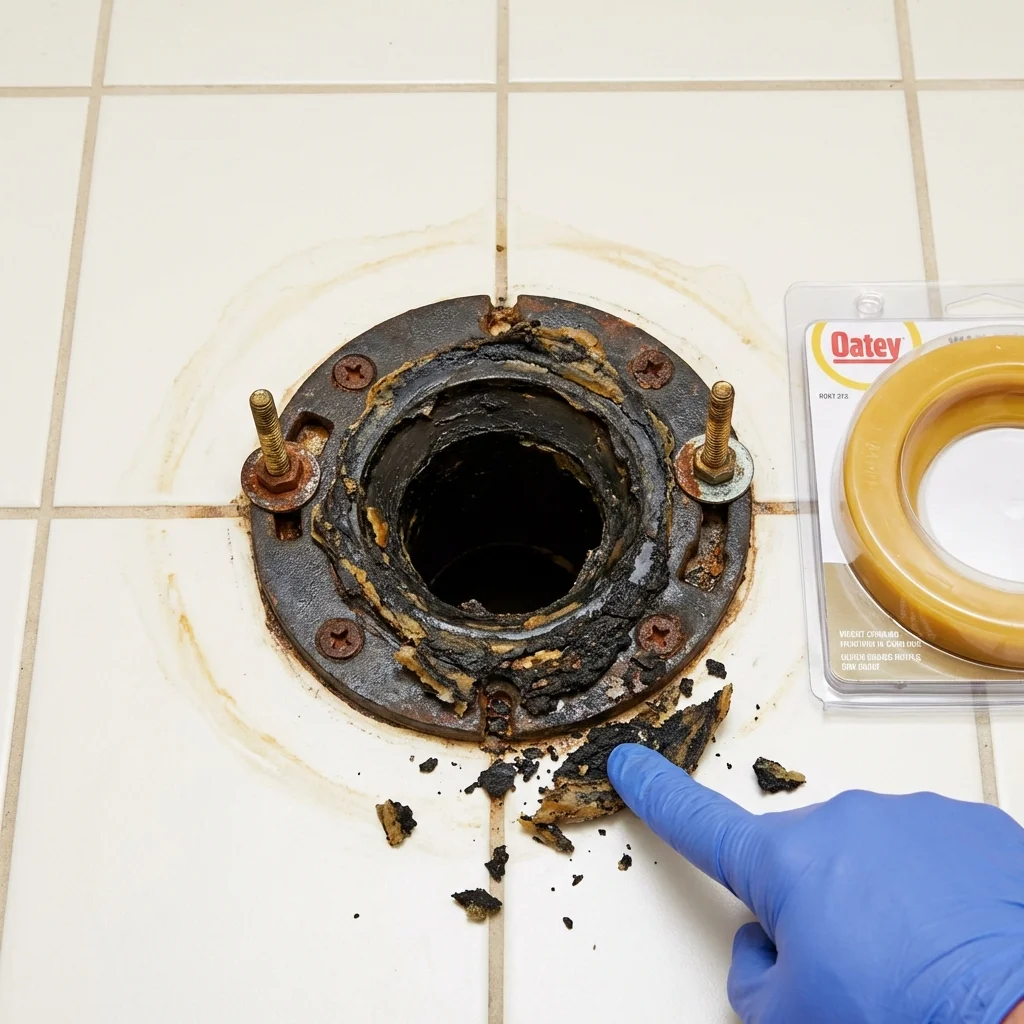 Failed wax ring showing water seepage at the base of a toilet in a Leipsic, OH home