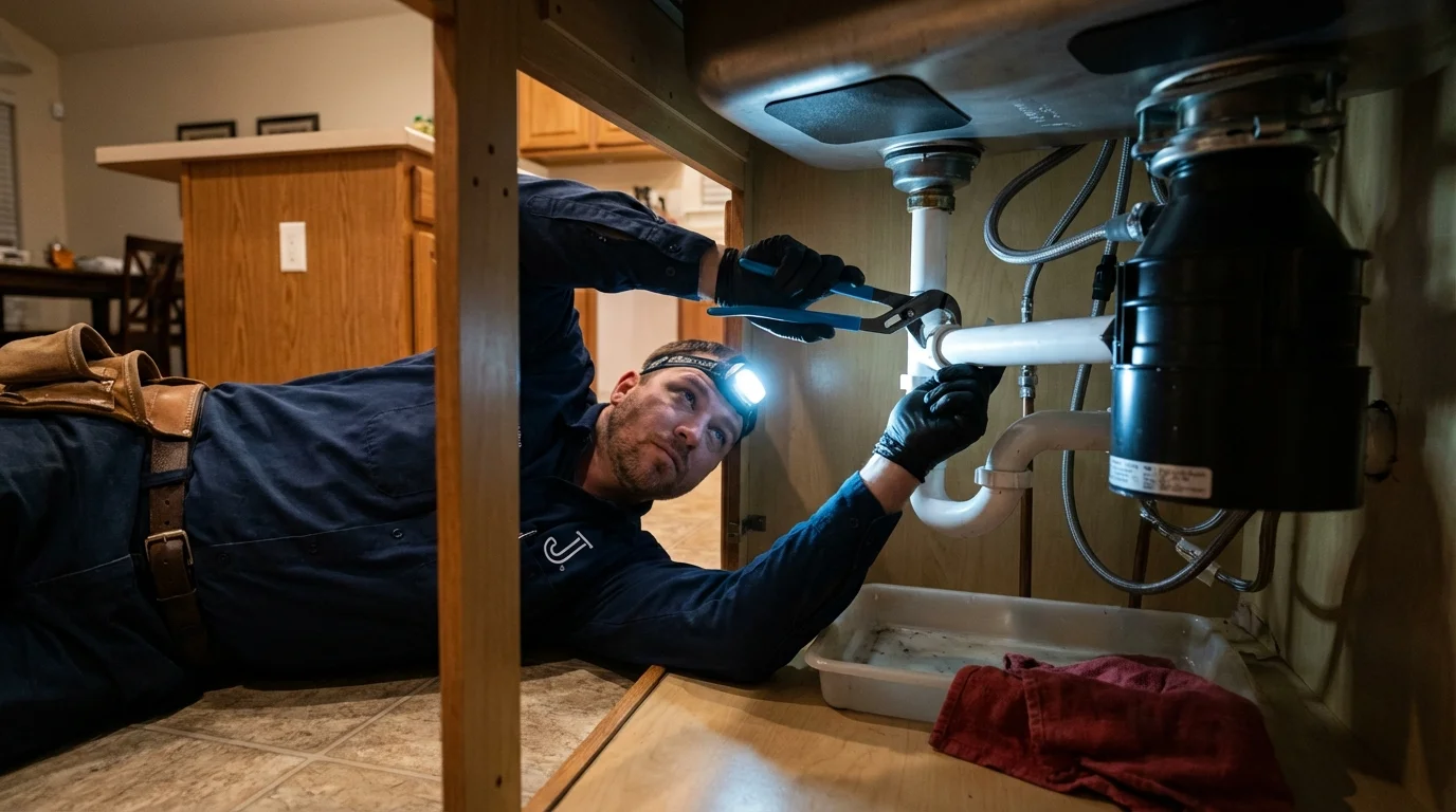P-trap and supply line connections under a kitchen sink showing a common leak point in Leipsic, OH